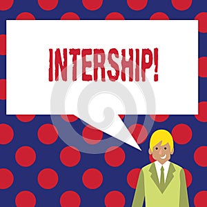 Writing note showing intership. Business photo showcasing Student or trainee who works in a company to obtain experience
