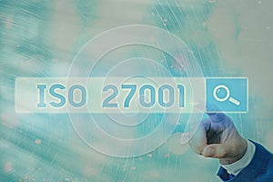 Writing note showing Iso 27001. Business photo showcasing specification for an information security management system.