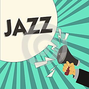 Writing note showing Jazz. Business photo showcasing Forceful rhythm Using brass and woodwind instruments to play the