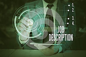 Writing note showing Job Description. Business photo showcasing a formal account of an employee s is responsibilities photo