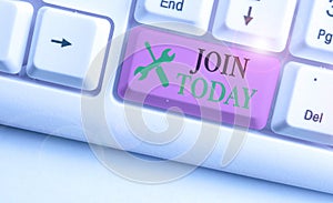 Writing note showing Join Today. Business photo showcasing to become a new group member or sign up for organization.