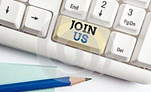 Writing note showing Join Us. Business photo showcasing Register in community Team or blog Sign up at social media White