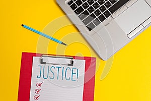 Writing note showing Justice. Business photo showcasing impartial adjustment of conflicting claims or assignments Trendy