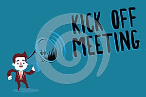 Writing note showing Kick Off Meeting. Business photo showcasing getting fired from your team private talking about