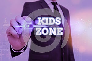 Writing note showing Kids Zone. Business photo showcasing An area or a region designed to enable children to play and enjoy