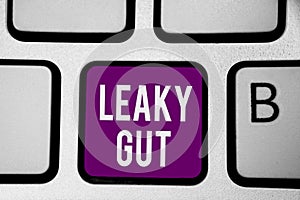 Writing note showing Leaky Gut. Business photo showcasing A condition in which the lining of small intestine is damaged Keyboard p