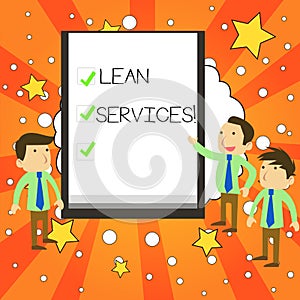 Writing note showing Lean Services. Business photo showcasing application of the lean analysisufacturing concept to photo