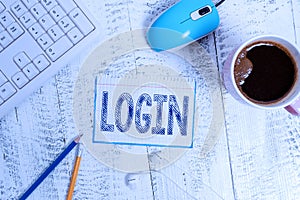 Writing note showing Login. Business photo showcasing Entering website Blog using username and password Registration Technological