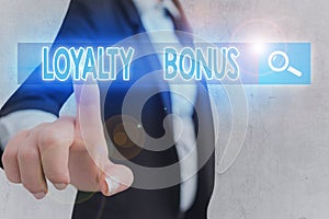 Writing note showing Loyalty Bonus. Business photo showcasing reward such as money or points is given for a loyal customer