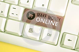 Writing note showing Make Money Online. Business photo showcasing Ecommerce Trading Selling over the internet Freelance