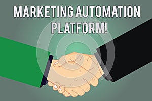 Writing note showing Marketing Automation Platform. Business photo showcasing automate repetitive task related to marketing Hu