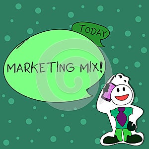 Writing note showing Marketing Mix. Business photo showcasing Actions to promote brand product in market Man in Necktie