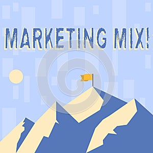 Writing note showing Marketing Mix. Business photo showcasing Actions to promote brand product in market Mountains with