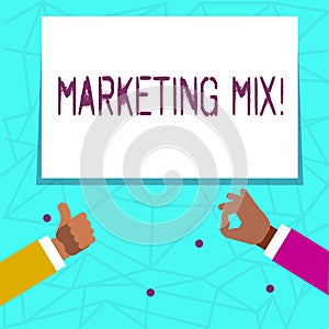 Writing note showing Marketing Mix. Business photo showcasing Actions to promote brand product in market Two Businessmen