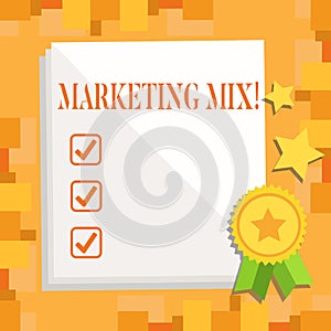 Writing note showing Marketing Mix. Business photo showcasing Actions to promote brand product in market White Sheet of