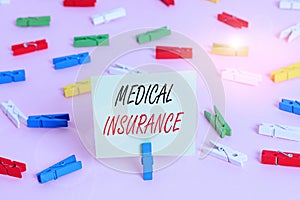 Writing note showing Medical Insurance. Business photo showcasing reimburse the insured for expenses incurred from illness Colored photo