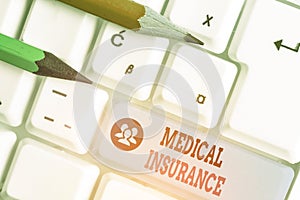 Writing note showing Medical Insurance. Business photo showcasing reimburse the insured for expenses incurred from illness photo