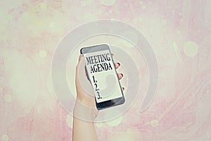 Writing note showing Meeting Agenda. Business photo showcasing An agenda sets clear expectations for what needs to a meeting