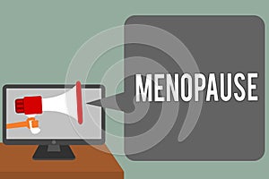 Writing note showing Menopause. Business photo showcasing Period of permanent cessation or end of menstruation cycle Man hold Mega