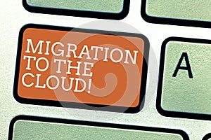 Writing note showing Migration To The Cloud. Business photo showcasing Transfer data to online file storage tools apps