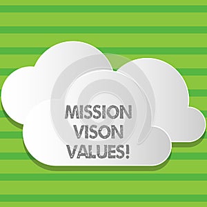 Writing note showing Mission Vison Values. Business photo showcasing planning for future improvement Career Right