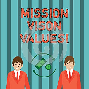 Writing note showing Mission Vison Values. Business photo showcasing planning for future improvement Career Right decisions