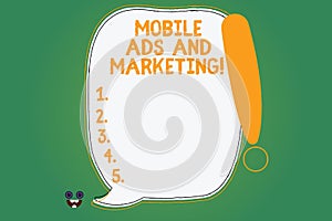 Writing note showing Mobile Ads And Marketing. Business photo showcasing Online advertising social media digital