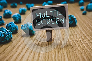 Writing note showing Multi Screen. Business photo showcasing Having or involving several screen especially in a cinema Blackboard