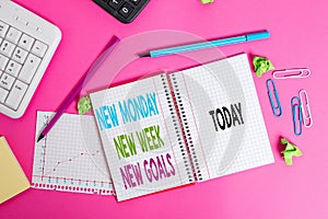 Writing note showing New Monday New Week New Goals. Business photo showcasing showcasing next week resolutions To do