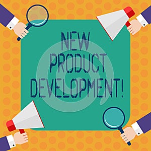 Writing note showing New Product Development. Business photo showcasing Process of bringing a new product to the