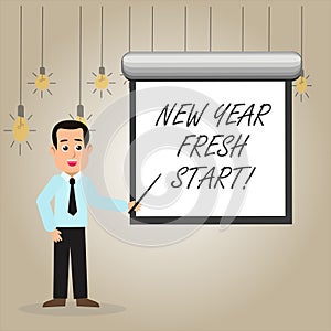 Writing note showing New Year Fresh Start. Business photo showcasing Time to follow resolutions reach out dream job Man