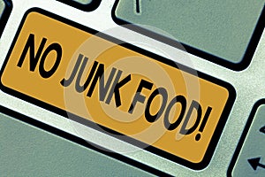 Writing note showing No Junk Food. Business photo showcasing Stop eating unhealthy things go on a diet give up burgers