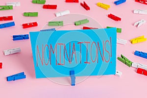 Writing note showing Nominations. Business photo showcasing action of nominating or state being nominated for prize