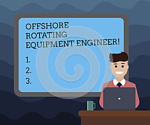 Writing note showing Offshore Rotating Equipment Engineer. Business photo showcasing Oil and gas industry engineering Bordered