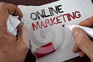 Writing note showing Online Marketing. Business photo showcasing Marketing digital advertising social media e-commerce written by