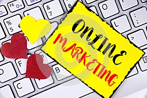 Writing note showing Online Marketing. Business photo showcasing Marketing digital advertising social media e-commerce written on