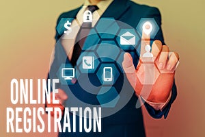 Writing note showing Online Registration. Business photo showcasing System for subscribing or registering via the