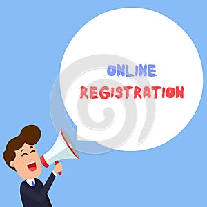 Writing note showing Online Registration. Business photo showcasing System for subscribing or registering via the