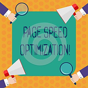 Writing note showing Page Speed Optimization. Business photo showcasing Improve the speed of content loading in a