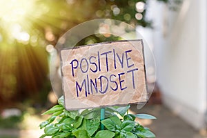 Writing note showing Positive Mindset. Business photo showcasing mental attitude in which you expect favorable results