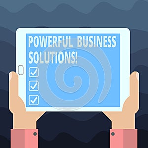 Writing note showing Powerful Business Solutions. Business photo showcasing ideas used to help a company achieve its goals Hu