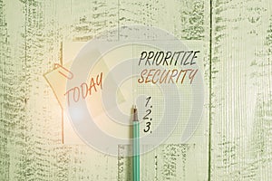 Writing note showing Prioritize Security. Business photo showcasing designate security risk as more important to solve