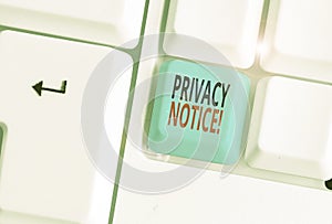 Writing note showing Privacy Notice. Business photo showcasing fulfils a legal requirement to protect a customer or client