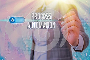 Writing note showing Process Automation. Business photo showcasing Transformation Streamlined Robotic To avoid Redundancy