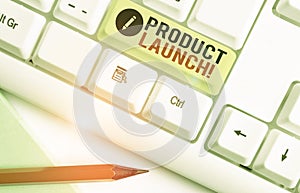 Writing note showing Product Launch. Business photo showcasing process to introduce new product for sale for the first time