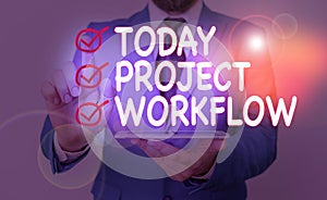 Writing note showing Project Workflow. Business photo showcasing series of steps that need to be taken to complete tasks