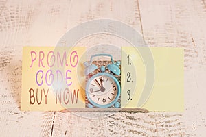 Writing note showing Promo Code Buy Now. Business photo showcasing Giving great discount by entering special words Mini