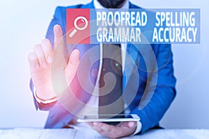 Writing note showing Proofread Spelling Grammar Accuracy. Business photo showcasing Grammatically correct Avoid mistakes