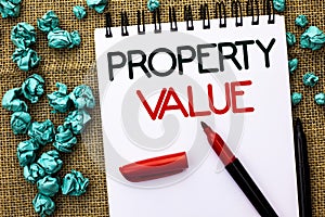 Writing note showing Property Value. Business photo showcasing Estimate of Worth Real Estate Residential Valuation written on Not