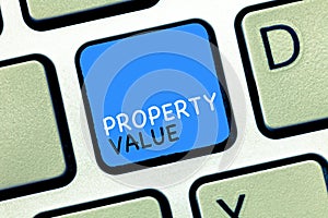 Writing note showing Property Value. Business photo showcasing Worth of a land Real estate appraisal Fair market price